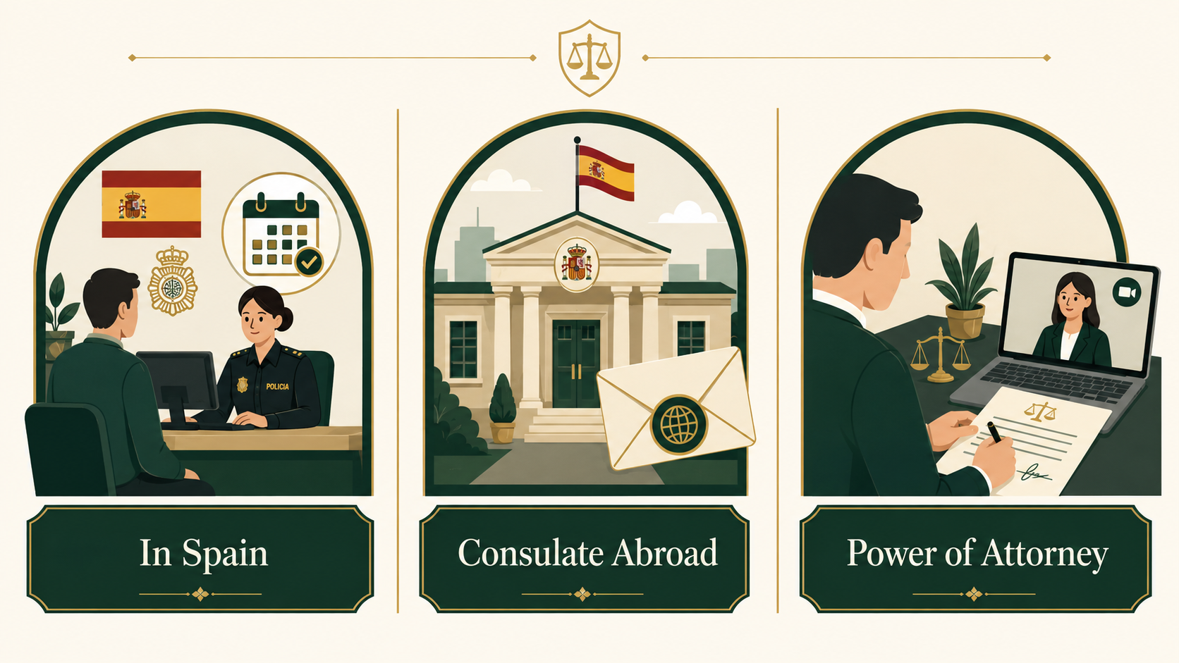 Three routes to apply for a Spanish NIE: in Spain, consulate abroad, or Power of Attorney