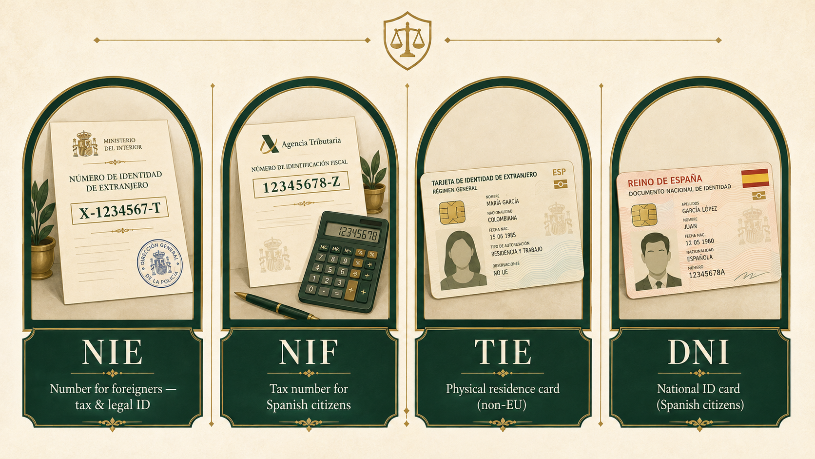 Comparison of NIE, NIF, TIE and DNI: foreigner number, Spanish tax number, residence card, and national ID card
