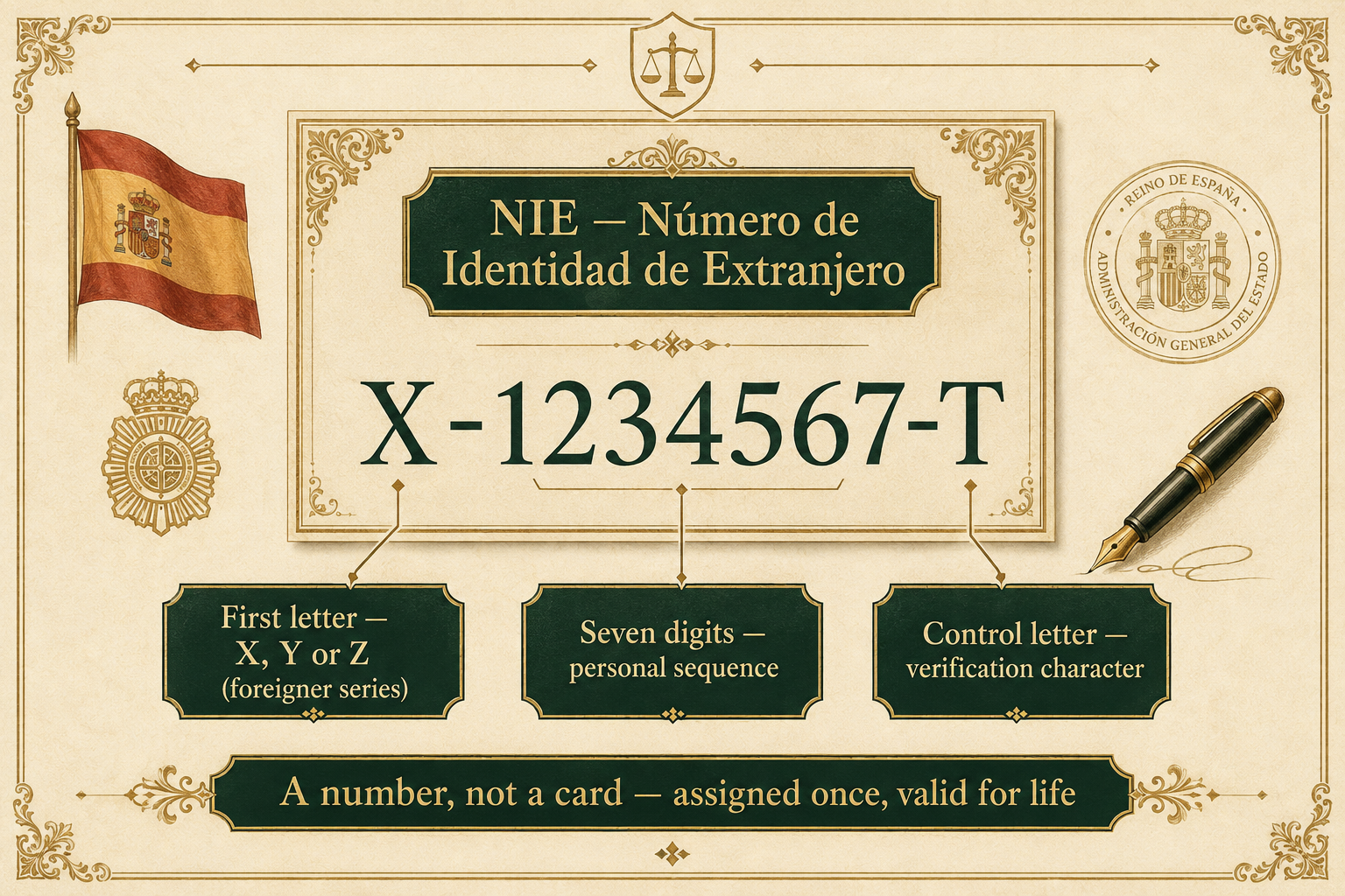 Anatomy of a Spanish NIE number: leading letter X, Y or Z, seven digits, and a control letter — a number, not a card