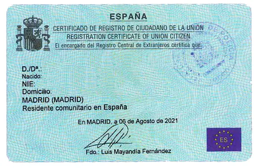 NIE Verde — Certificado de Registro de Ciudadano de la U.E.