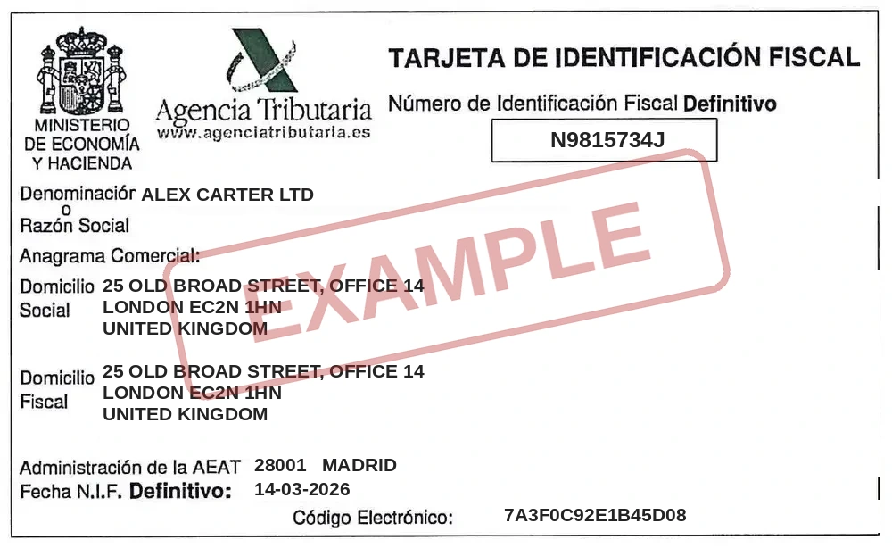 Spanish NIF Number — example of the Tarjeta de Identificación Fiscal issued to a foreign company (Alex Carter Ltd)