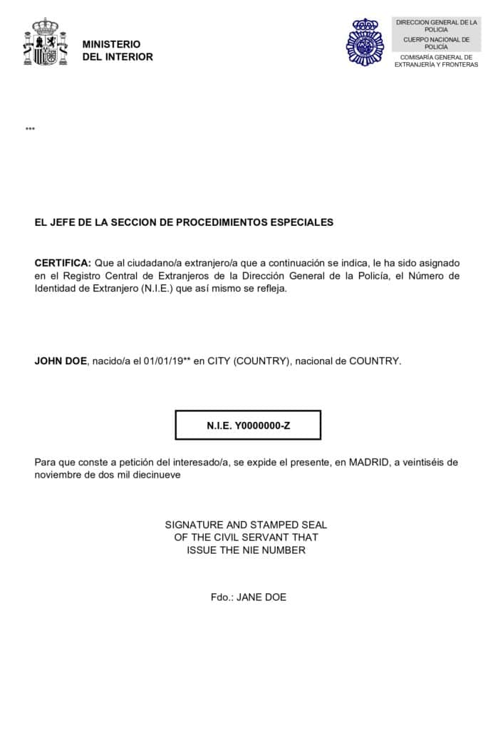 Example of the NIE document