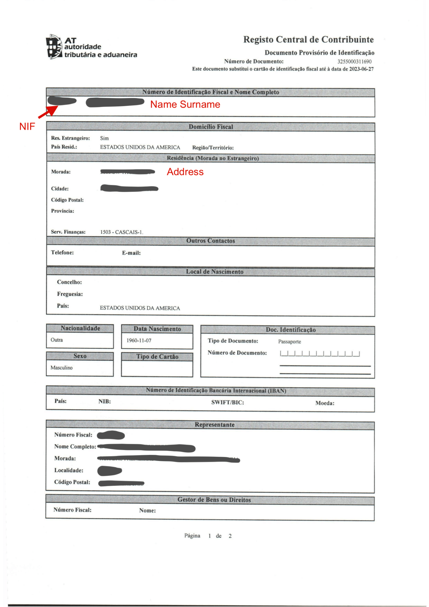 Portuguese NIF registration document (Registo Central de Contribuinte) issued by Autoridade Tributária — the Representante (tax representative) block lists the representative's fiscal number, name, and address