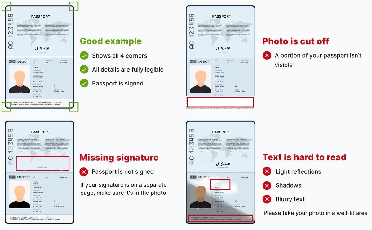 Four passport scan examples — a good scan showing all four corners, and three rejected scans: photo cut off, missing signature, text hard to read