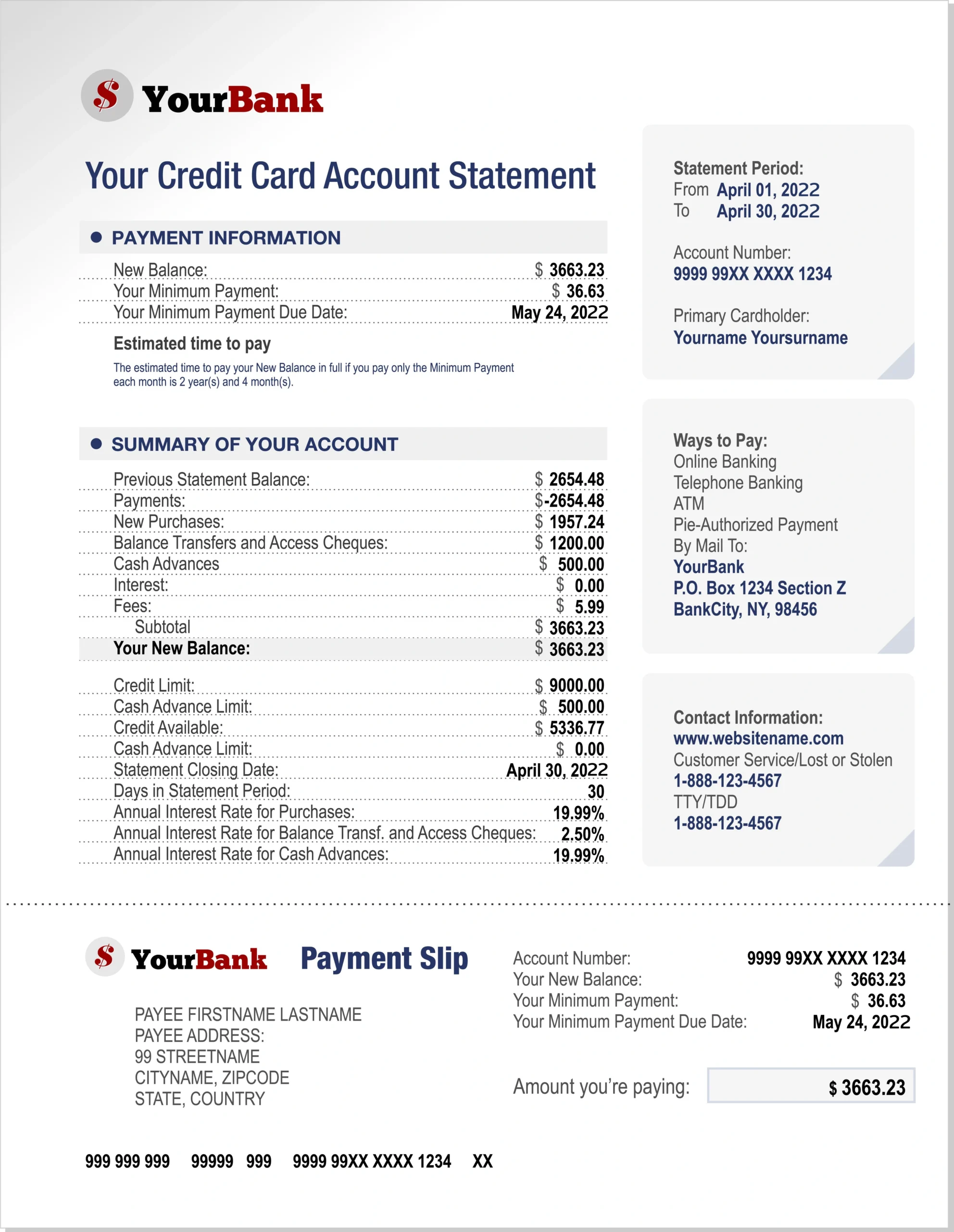 Sample bank credit-card statement showing the account holder's name and address