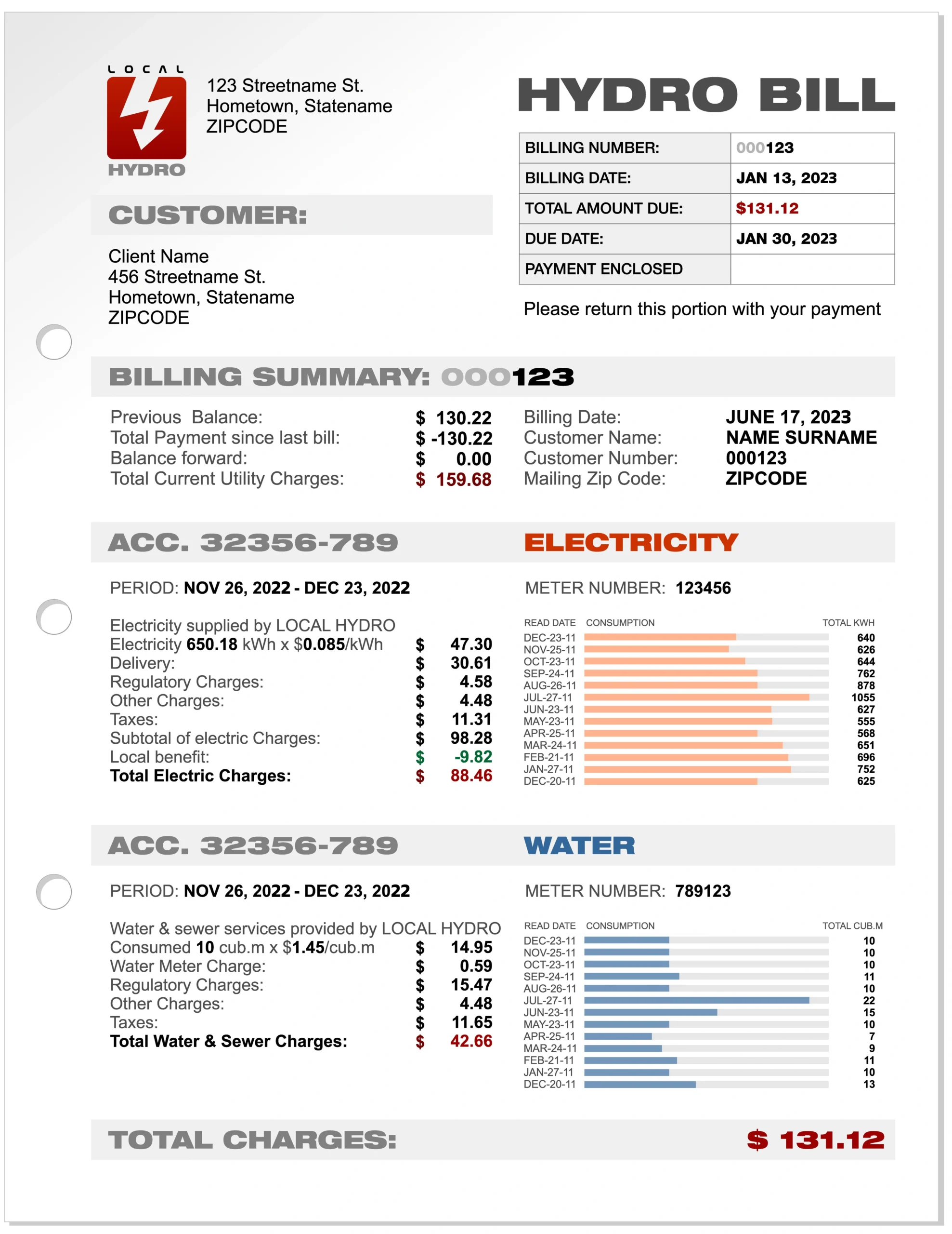 Sample utility bill showing the customer's name and service address