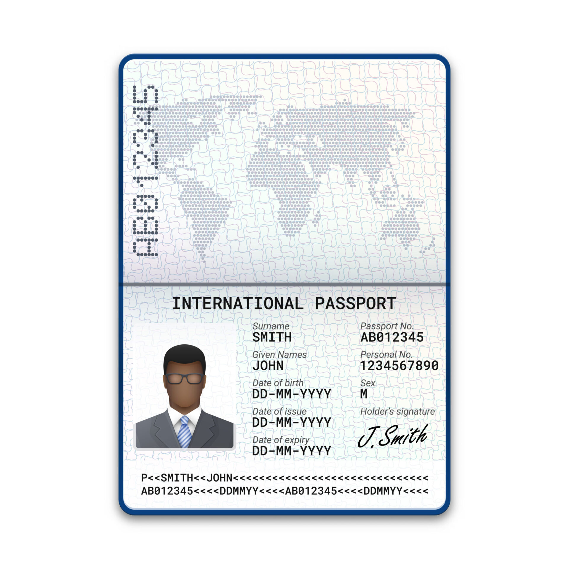 Sample international passport photo page with the holder's signature visible