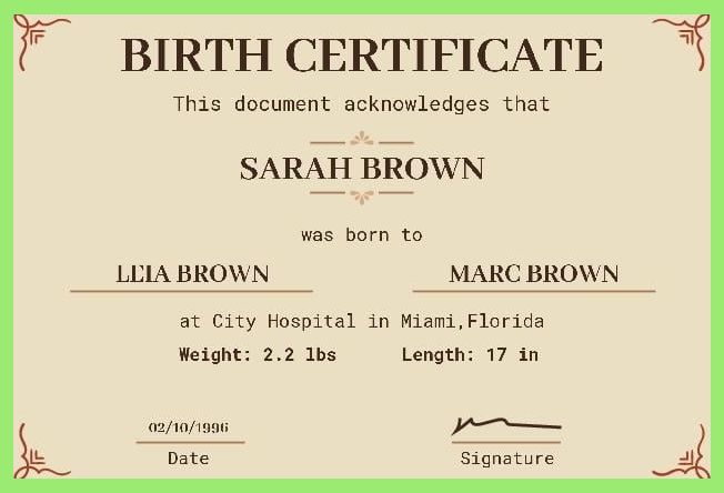 Sample birth certificate layout showing the holder's full name, parents' names, and the date and place of birth