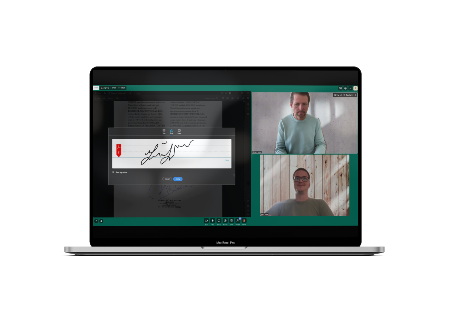 Remote online notarization session — signer and notary e-signing a document over secure video