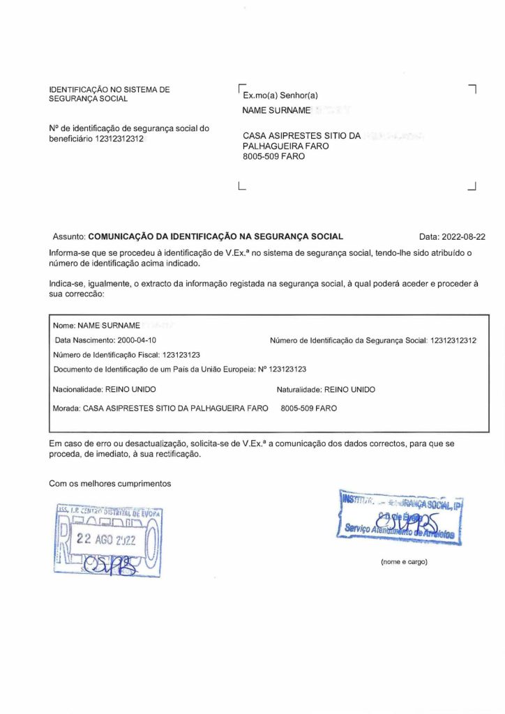 Example of the NISS document — the Segurança Social identification letter with the assigned NISS number